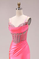 Load image into Gallery viewer, Sparkly Bright Pink Mermaid Corset Ruched Long Prom Dress with Slit