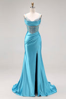 Load image into Gallery viewer, Sparkly Lake Blue Corset Beaded Mermaid Long Prom Dress with Slit