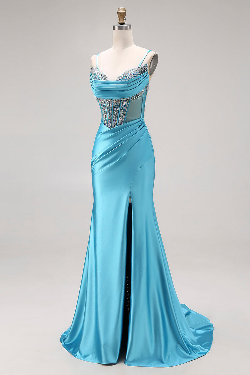 Load image into Gallery viewer, Sparkly Lake Blue Corset Beaded Mermaid Long Prom Dress with Slit