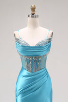 Load image into Gallery viewer, Sparkly Bright Pink Mermaid Corset Ruched Long Prom Dress with Slit