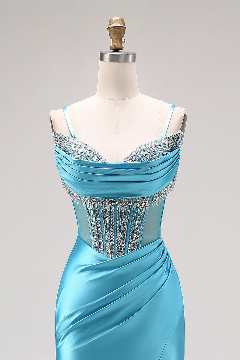 Load image into Gallery viewer, Sparkly Bright Pink Mermaid Corset Ruched Long Prom Dress with Slit