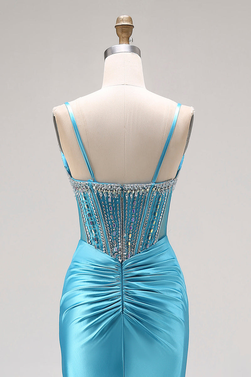 Load image into Gallery viewer, Sparkly Lake Blue Corset Beaded Mermaid Long Prom Dress with Slit