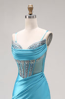 Load image into Gallery viewer, Sparkly Bright Pink Mermaid Corset Ruched Long Prom Dress with Slit