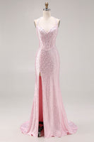 Load image into Gallery viewer, Sparkly Light Pink Mermaid Beaded Halter Long Corset Prom Dress