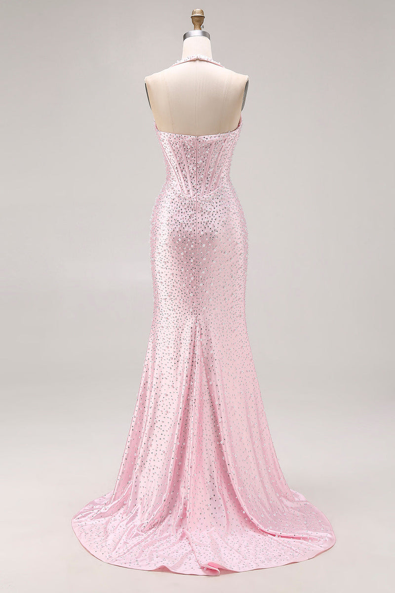 Load image into Gallery viewer, Sparkly Light Pink Mermaid Beaded Halter Long Corset Prom Dress