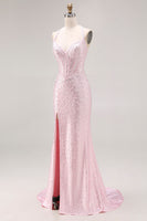 Load image into Gallery viewer, Sparkly Light Pink Mermaid Beaded Halter Long Corset Prom Dress
