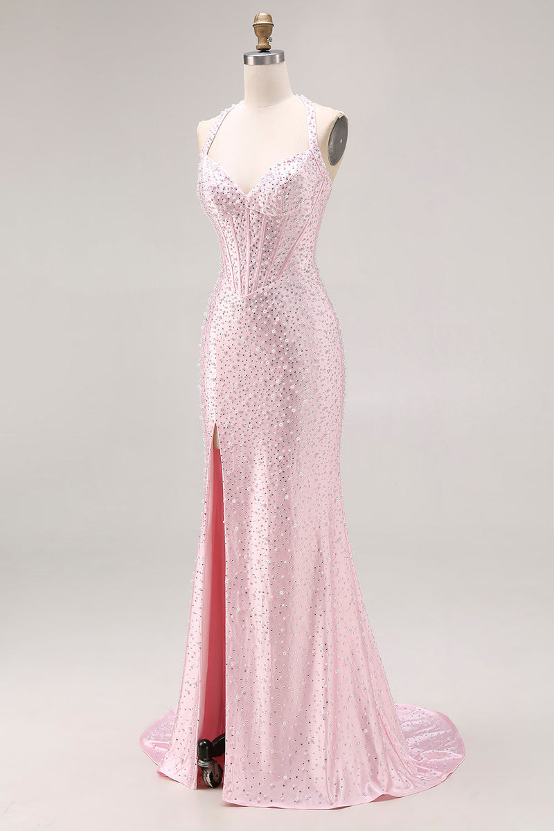 Load image into Gallery viewer, Sparkly Light Pink Mermaid Beaded Halter Long Corset Prom Dress