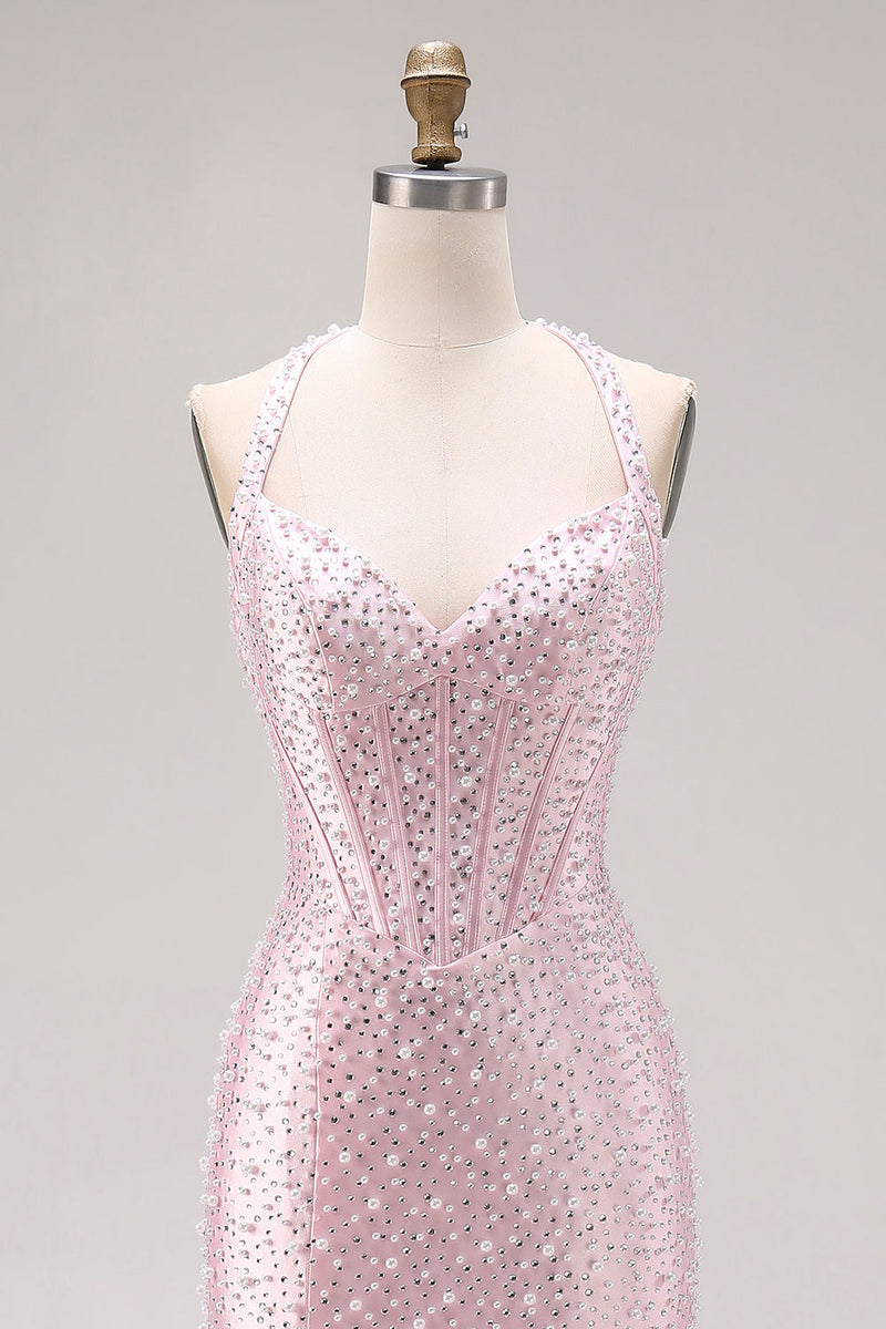Load image into Gallery viewer, Sparkly Light Pink Mermaid Beaded Halter Long Corset Prom Dress