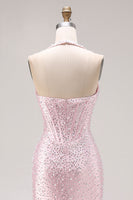 Load image into Gallery viewer, Sparkly Light Pink Mermaid Beaded Halter Long Corset Prom Dress