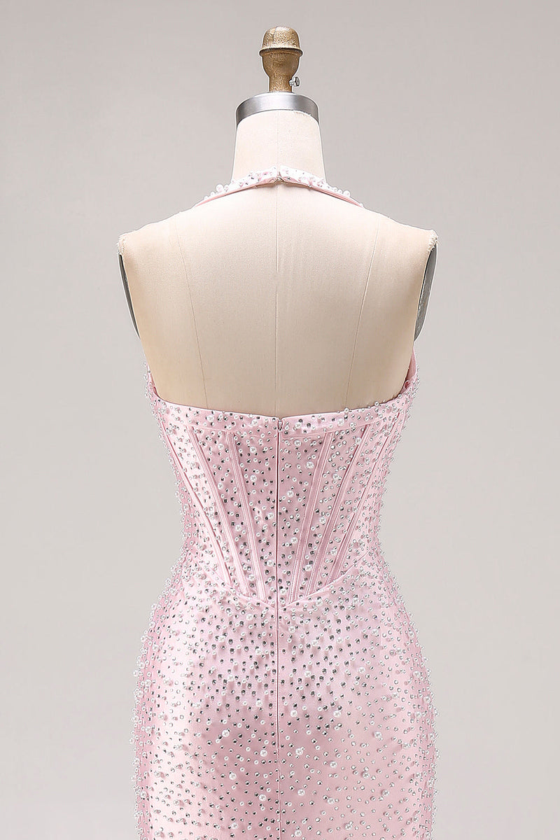 Load image into Gallery viewer, Sparkly Light Pink Mermaid Beaded Halter Long Corset Prom Dress