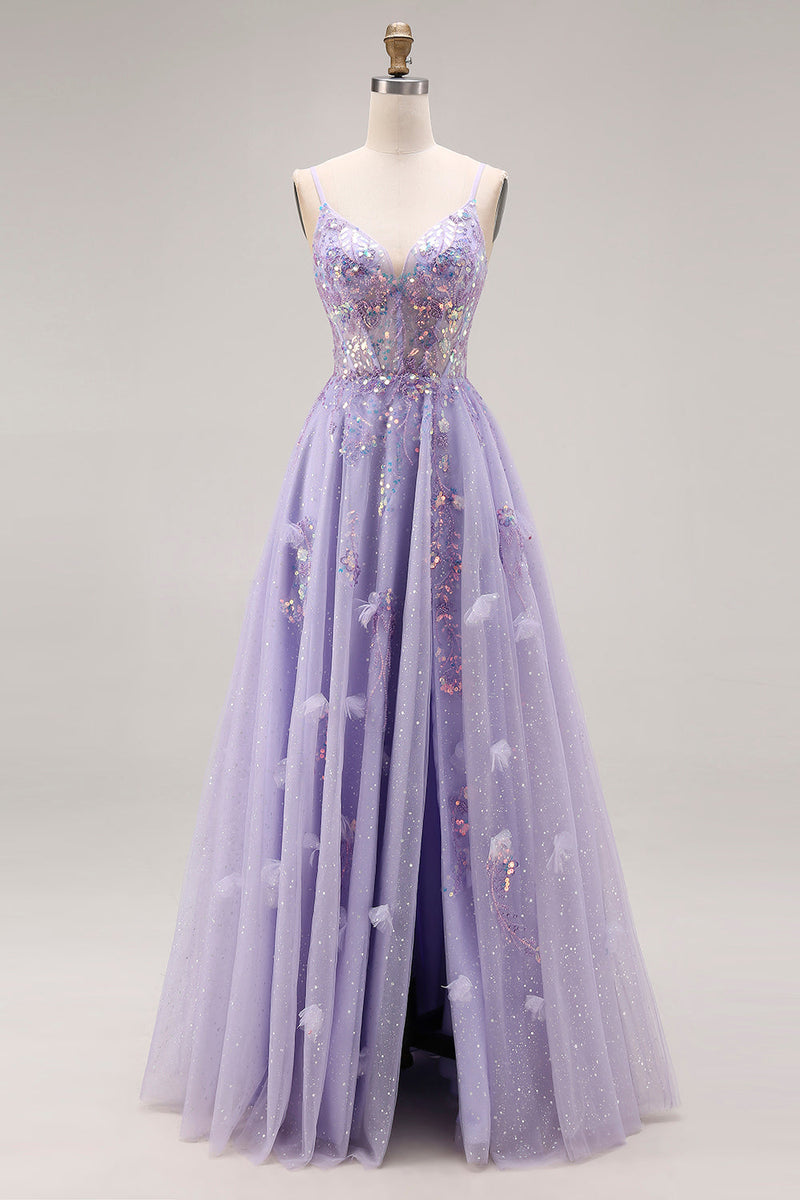 Load image into Gallery viewer, Sparkly Light Purple Sequins Corset A Line Long Prom Dress with Slit