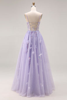 Sparkly Light Purple Sequins Corset A Line Long Prom Dress with Slit