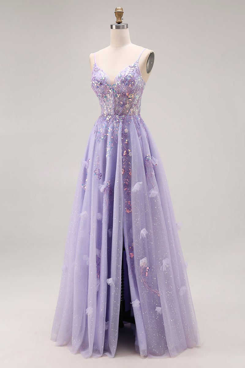 Load image into Gallery viewer, Sparkly Light Purple Sequins Corset A Line Long Prom Dress with Slit