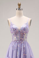 Load image into Gallery viewer, Sparkly Light Purple Sequins Corset A Line Long Prom Dress with Slit