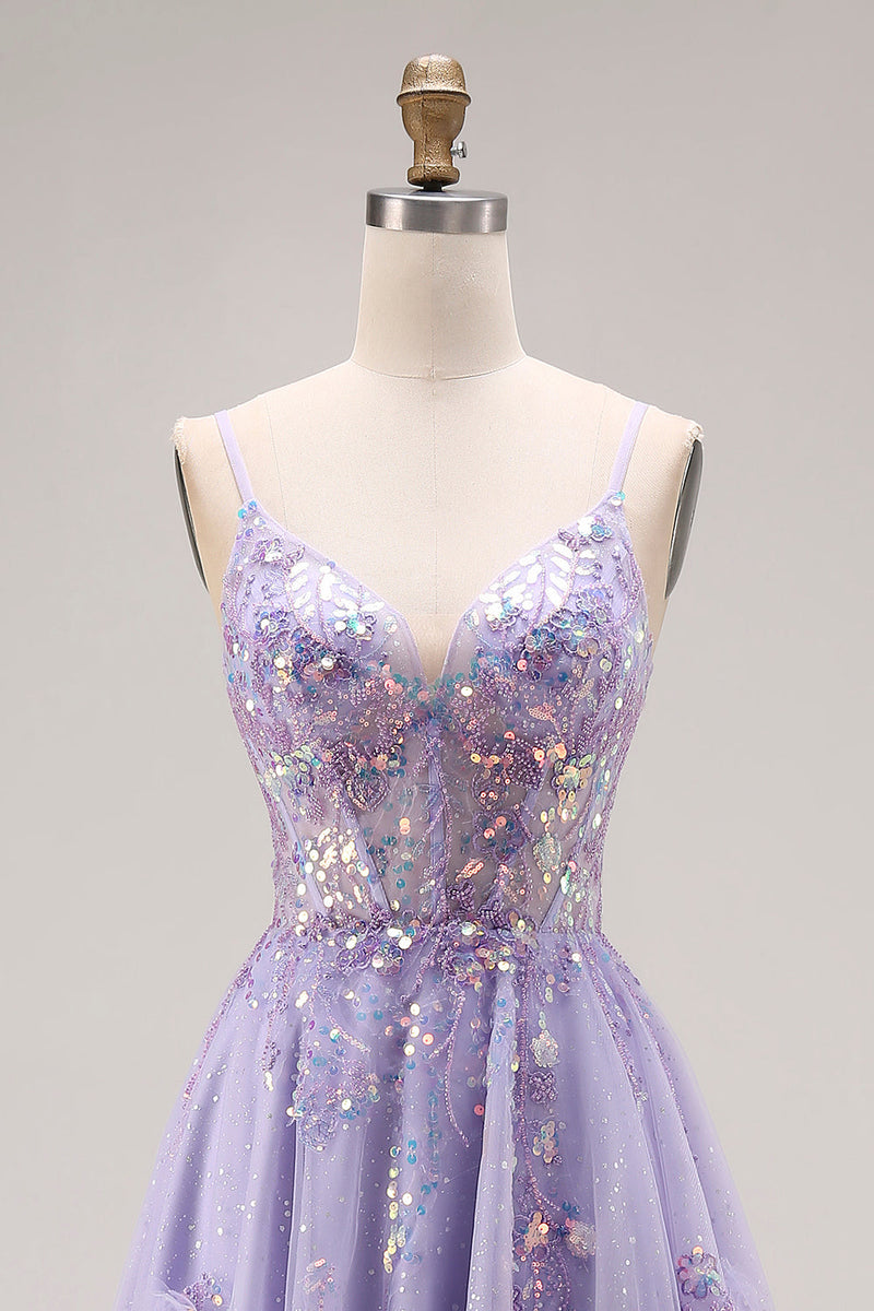 Load image into Gallery viewer, Sparkly Light Purple Sequins Corset A Line Long Prom Dress with Slit