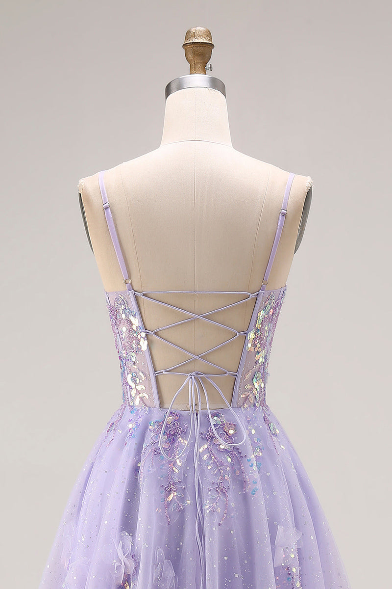 Load image into Gallery viewer, Sparkly Light Purple Sequins Corset A Line Long Prom Dress with Slit