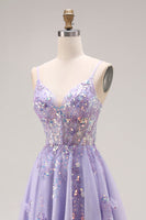 Load image into Gallery viewer, Sparkly Light Purple Sequins Corset A Line Long Prom Dress with Slit