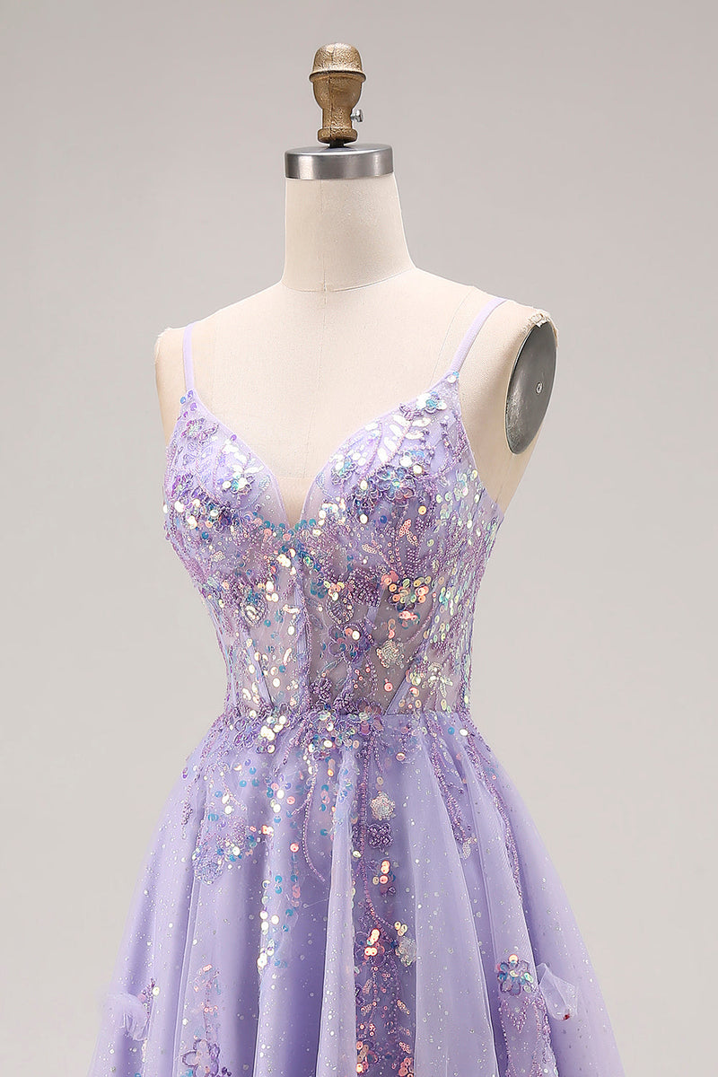 Load image into Gallery viewer, Sparkly Light Purple Sequins Corset A Line Long Prom Dress with Slit