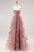 Load image into Gallery viewer, Sparkly Dusty Rose Floral Sweetheart A Line Long Prom Dress with Slit