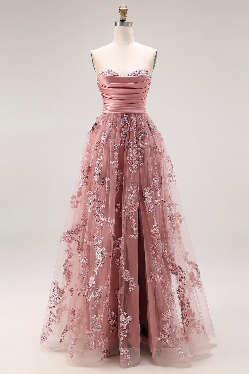 Load image into Gallery viewer, Sparkly Dusty Rose Floral Sweetheart A Line Long Prom Dress with Slit