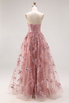 Sparkly Dusty Rose Floral Sweetheart A Line Long Prom Dress with Slit