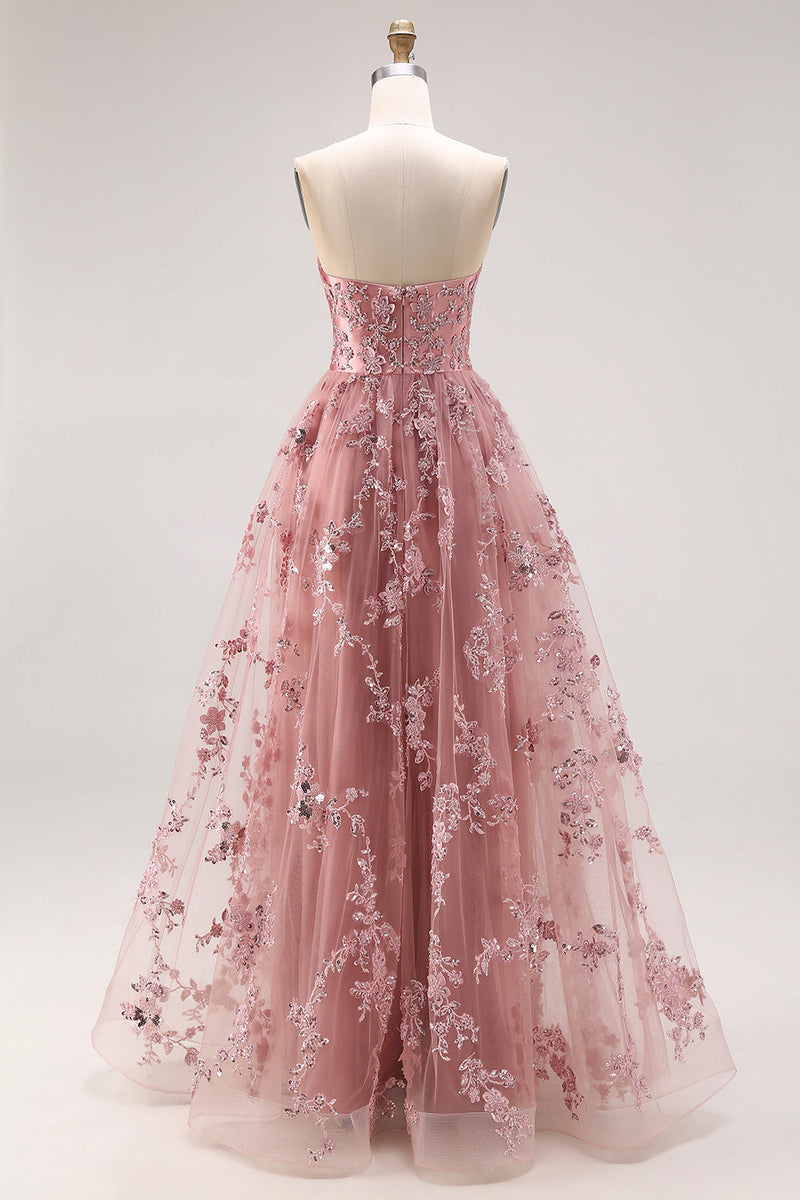 Load image into Gallery viewer, Sparkly Dusty Rose Floral Sweetheart A Line Long Prom Dress with Slit
