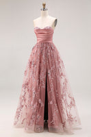 Load image into Gallery viewer, Sparkly Dusty Rose Floral Sweetheart A Line Long Prom Dress with Slit