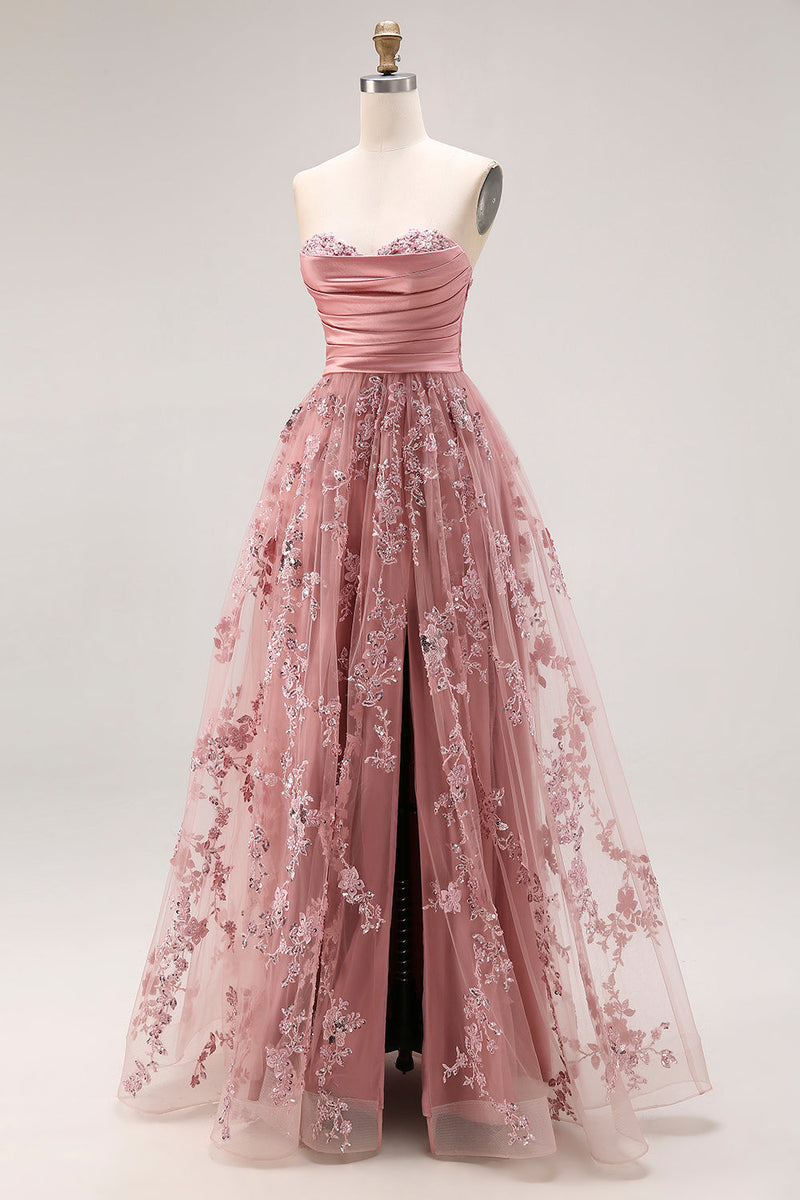 Load image into Gallery viewer, Sparkly Dusty Rose Floral Sweetheart A Line Long Prom Dress with Slit