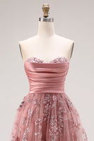 Load image into Gallery viewer, Sparkly Dusty Rose Floral Sweetheart A Line Long Prom Dress with Slit