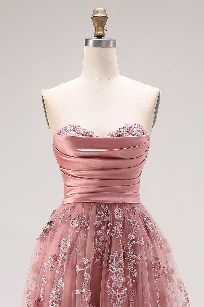 Load image into Gallery viewer, Sparkly Dusty Rose Floral Sweetheart A Line Long Prom Dress with Slit