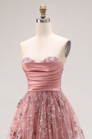 Load image into Gallery viewer, Sparkly Dusty Rose Floral Sweetheart A Line Long Prom Dress with Slit