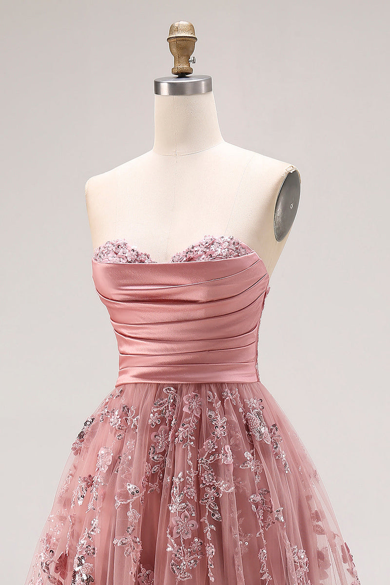 Load image into Gallery viewer, Sparkly Dusty Rose Floral Sweetheart A Line Long Prom Dress with Slit