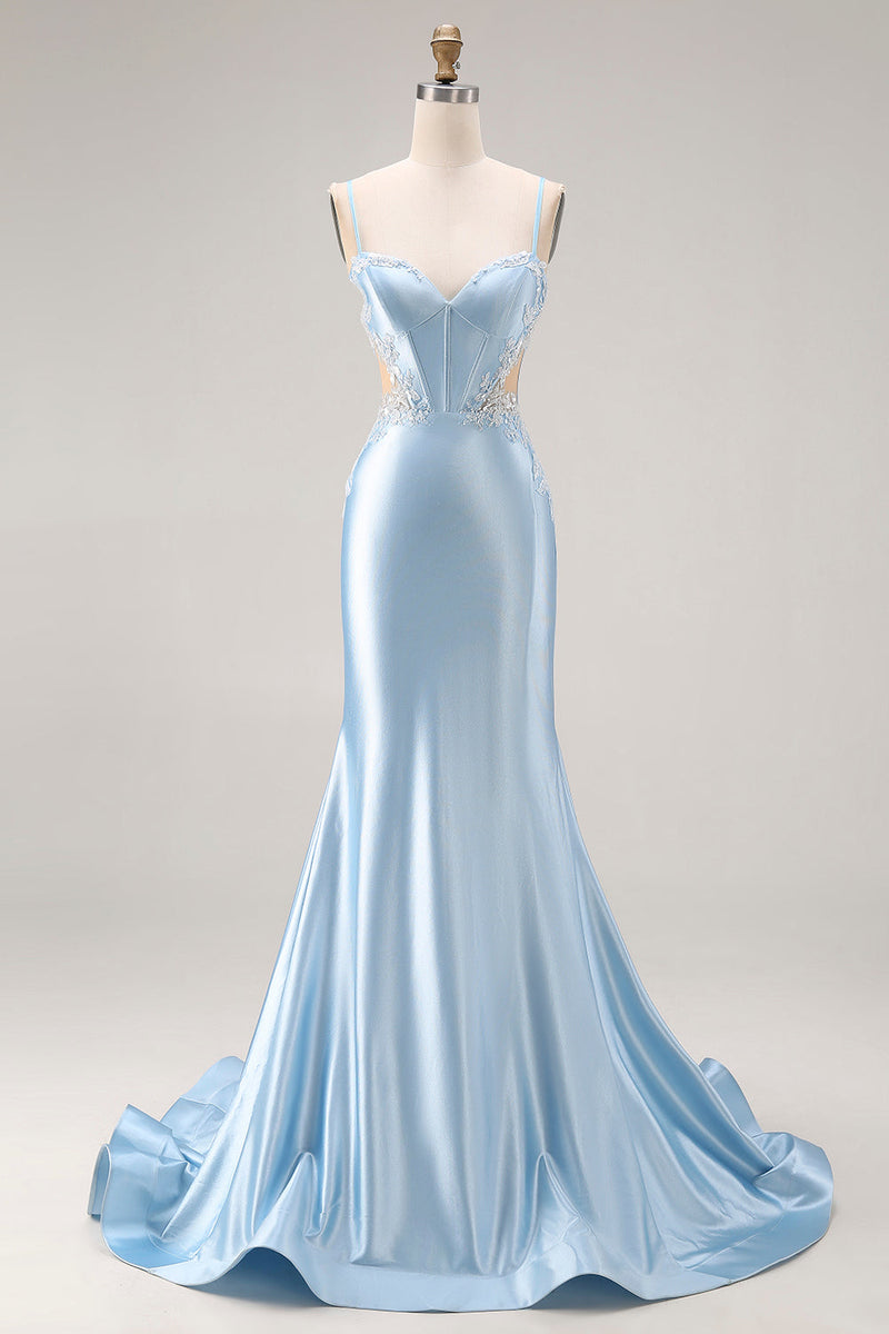 Load image into Gallery viewer, Sky Blue Satin Mermaid Corset Cut Out Long Prom Dress with Appliques