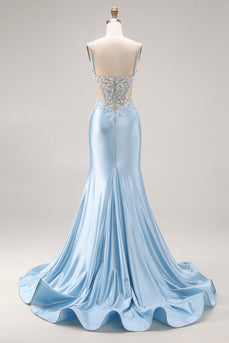 Sky Blue Satin Mermaid Corset Cut Out Long Prom Dress with Appliques