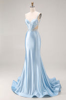 Load image into Gallery viewer, Sky Blue Satin Mermaid Corset Cut Out Long Prom Dress with Appliques