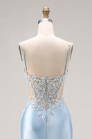 Load image into Gallery viewer, Sky Blue Satin Mermaid Corset Cut Out Long Prom Dress with Appliques