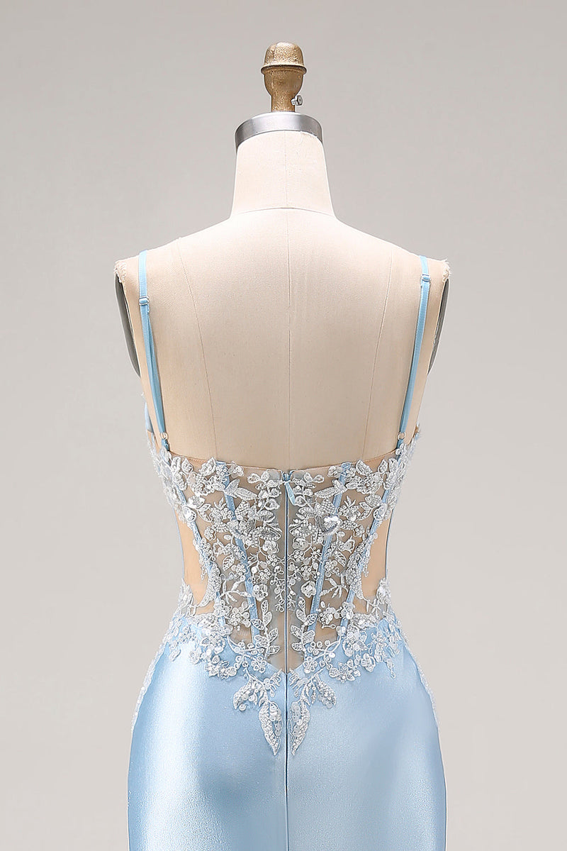 Load image into Gallery viewer, Sky Blue Satin Mermaid Corset Cut Out Long Prom Dress with Appliques