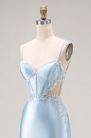 Load image into Gallery viewer, Sky Blue Satin Mermaid Corset Cut Out Long Prom Dress with Appliques