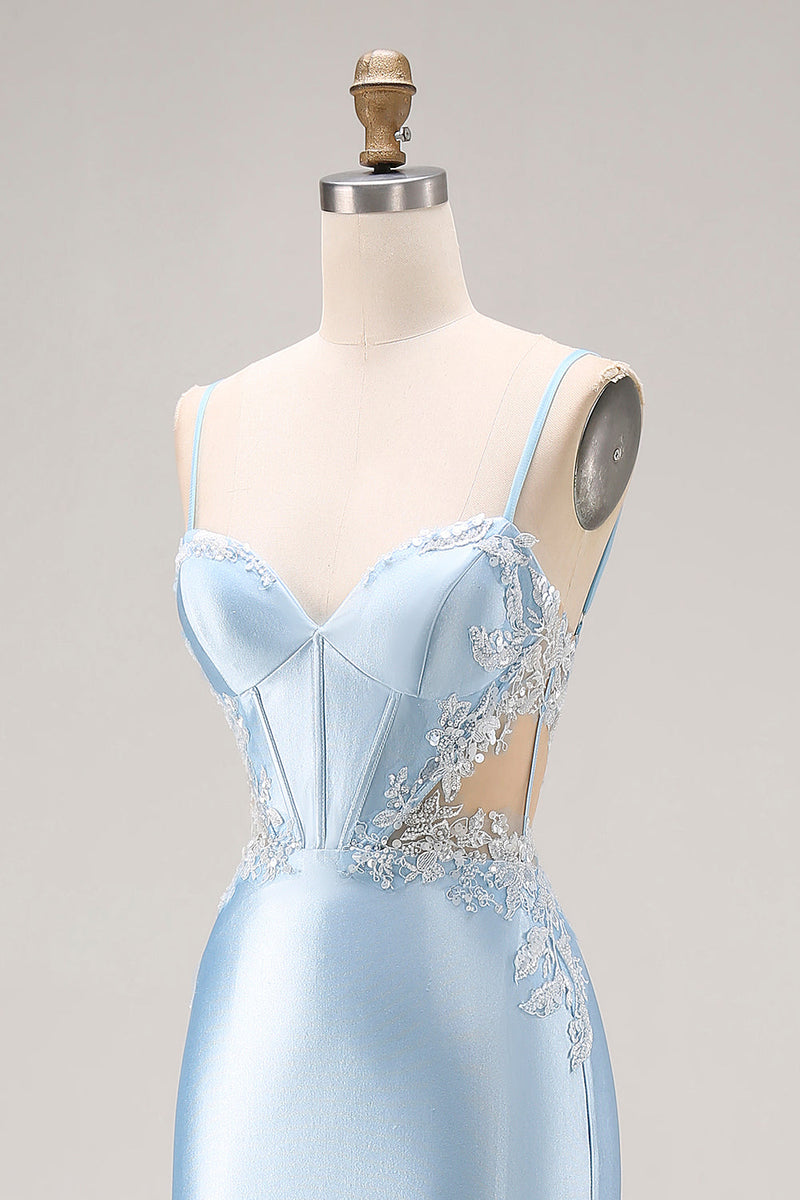 Load image into Gallery viewer, Sky Blue Satin Mermaid Corset Cut Out Long Prom Dress with Appliques