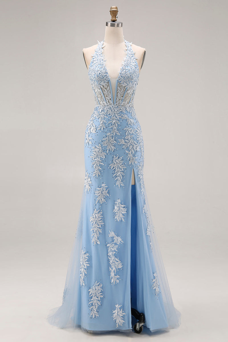 Load image into Gallery viewer, Sky Blue Mermaid Corset Appliqued Halter Long Prom Dress with Slit