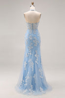 Load image into Gallery viewer, Sky Blue Mermaid Corset Appliqued Halter Long Prom Dress with Slit