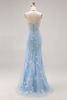 Sky Blue Mermaid Corset Appliqued Halter Long Prom Dress with Slit