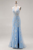 Load image into Gallery viewer, Sky Blue Mermaid Corset Appliqued Halter Long Prom Dress with Slit