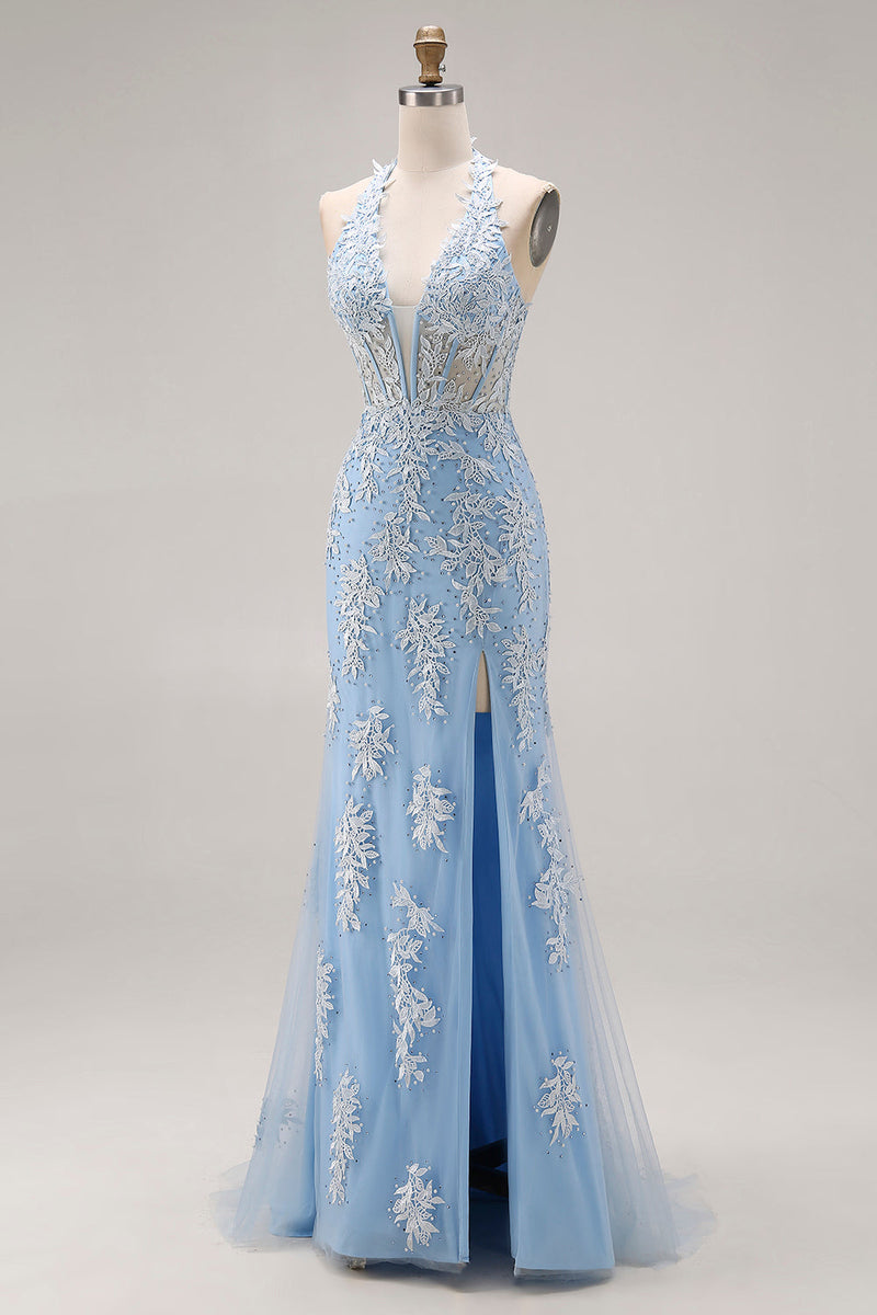 Load image into Gallery viewer, Sky Blue Mermaid Corset Appliqued Halter Long Prom Dress with Slit