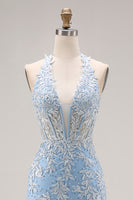 Load image into Gallery viewer, Sky Blue Mermaid Corset Appliqued Halter Long Prom Dress with Slit