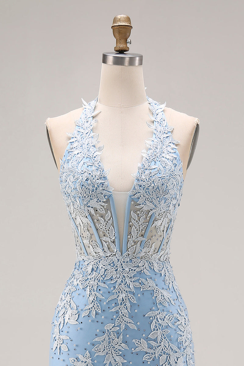 Load image into Gallery viewer, Sky Blue Mermaid Corset Appliqued Halter Long Prom Dress with Slit