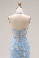 Load image into Gallery viewer, Sky Blue Mermaid Corset Appliqued Halter Long Prom Dress with Slit