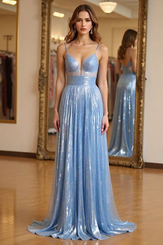 Sky Blue A Line Long Pleated Chiffon Prom Dress with Beading