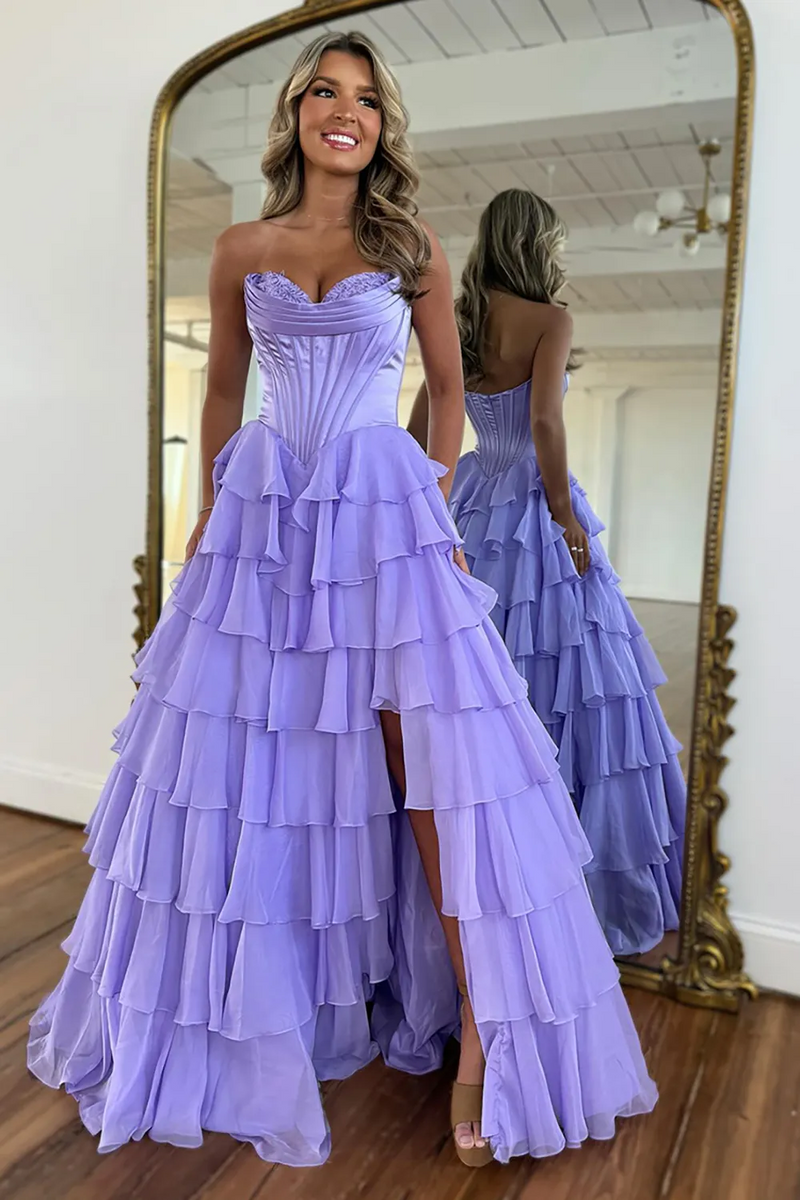 Load image into Gallery viewer, A Line Light Pink Strapless Tiered Corset Chiffon Long Prom Dress