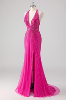 Load image into Gallery viewer, Glitter Fuchsia Halter Neck Beaded Mermaid Long Prom Dress with Slit